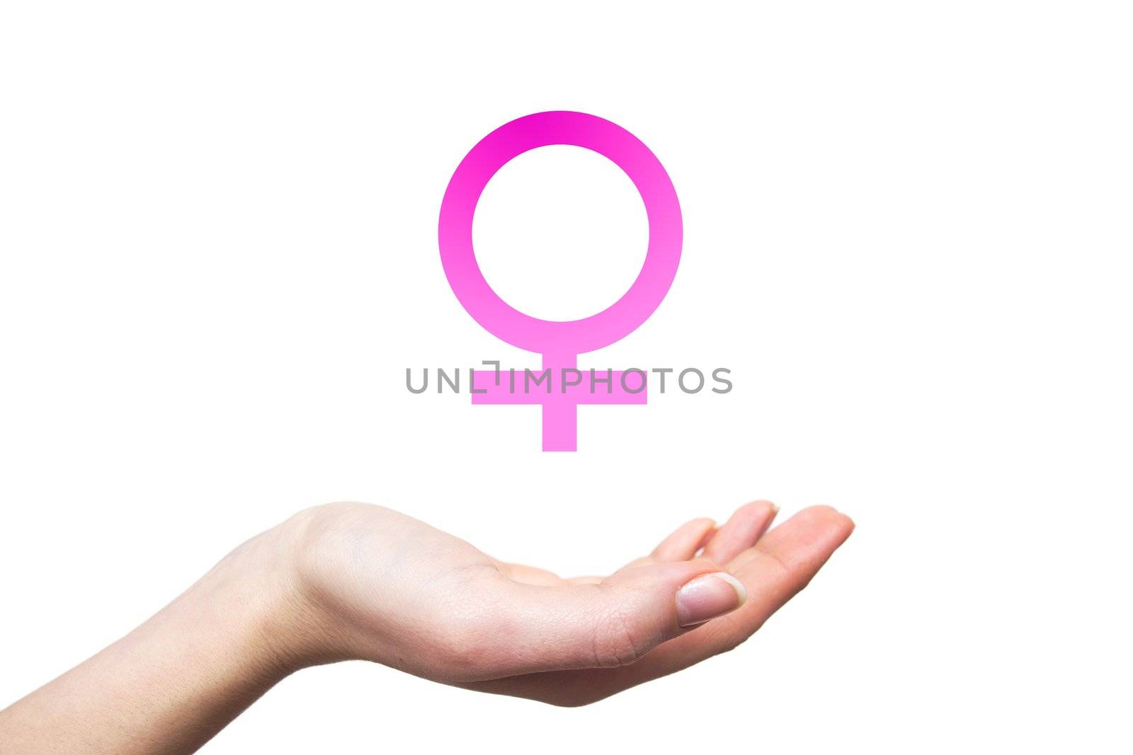 female sex sign, woman's hand on white background