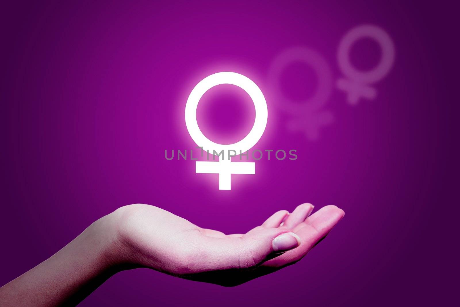 Shining female sex sign, woman's hand on violet background by simpson33