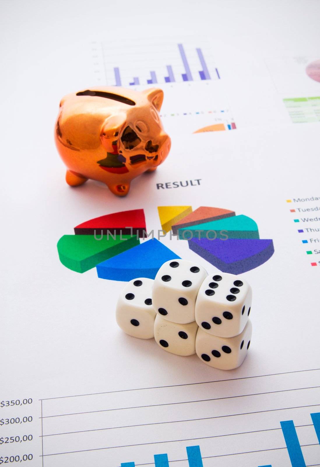 Saving money. Gambling concept.Pig, coins and dices composition