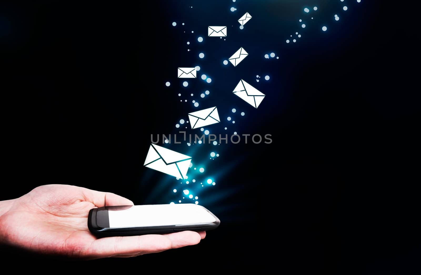 Abstract, touching mobile phone, flying envelopes glowing effect.  by simpson33