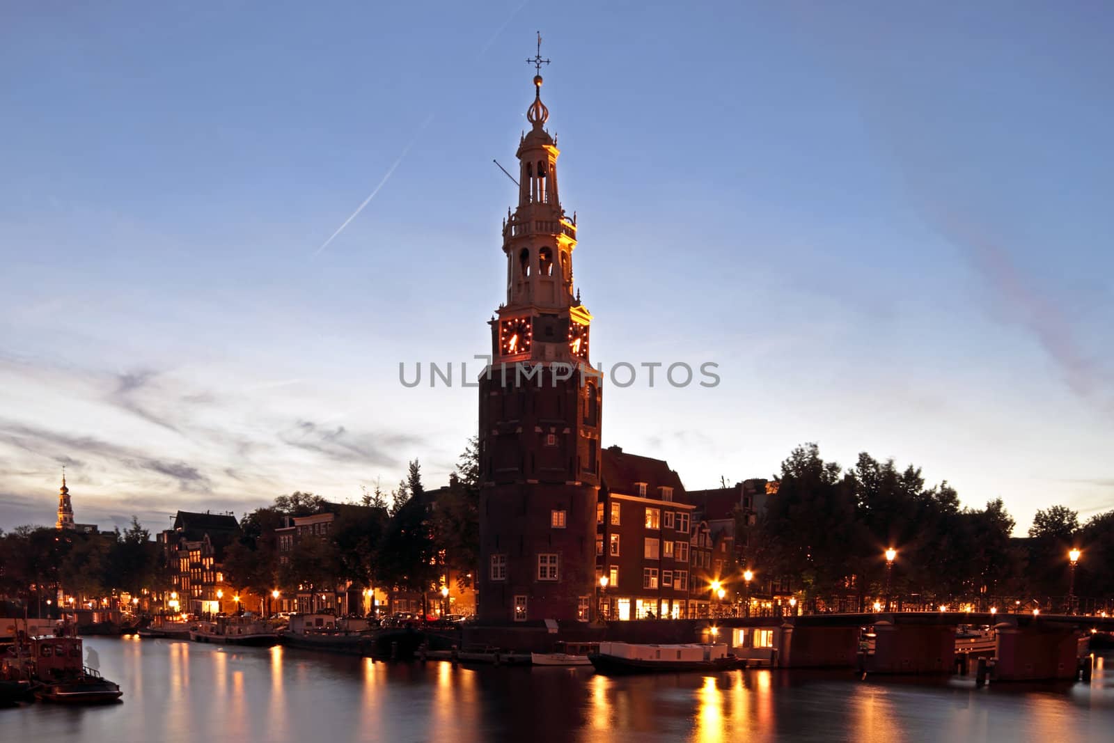 Medieval Watertower in Amsterdam the Netherlands at twilight