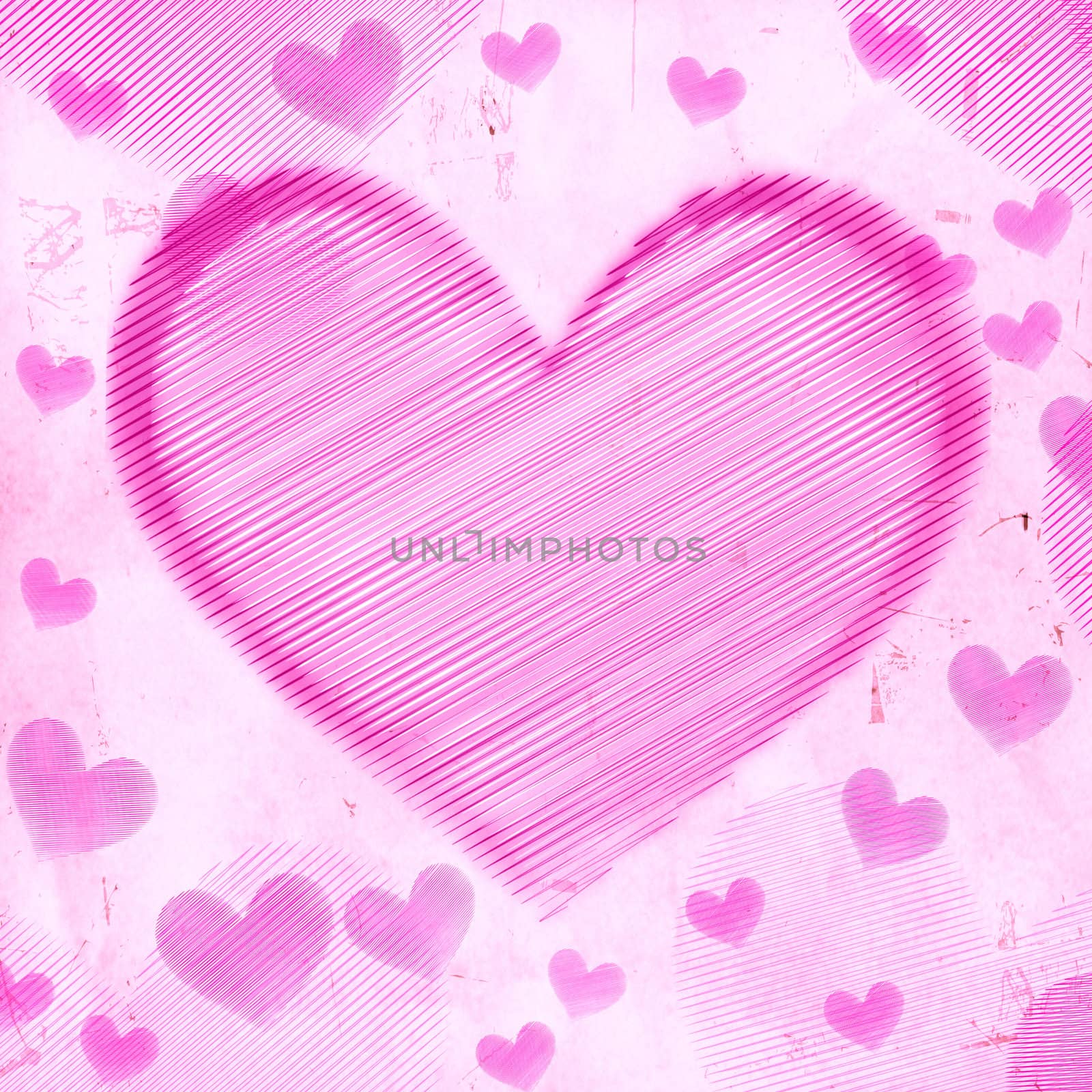 abstract pink retro background, purple striped hearts with one big in the middle, old paper card