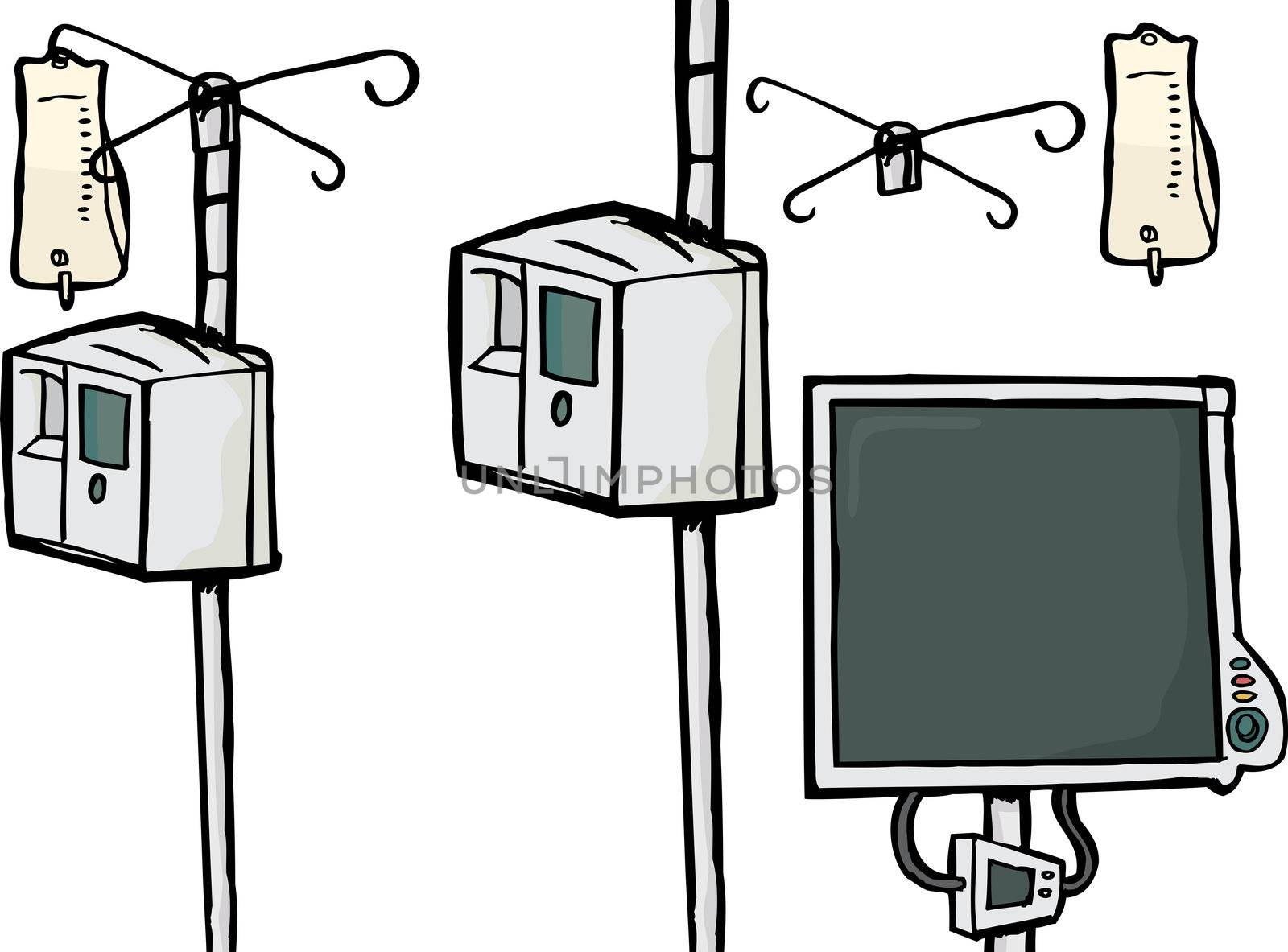 Intravenous drip objects and heart rate monitor over white background