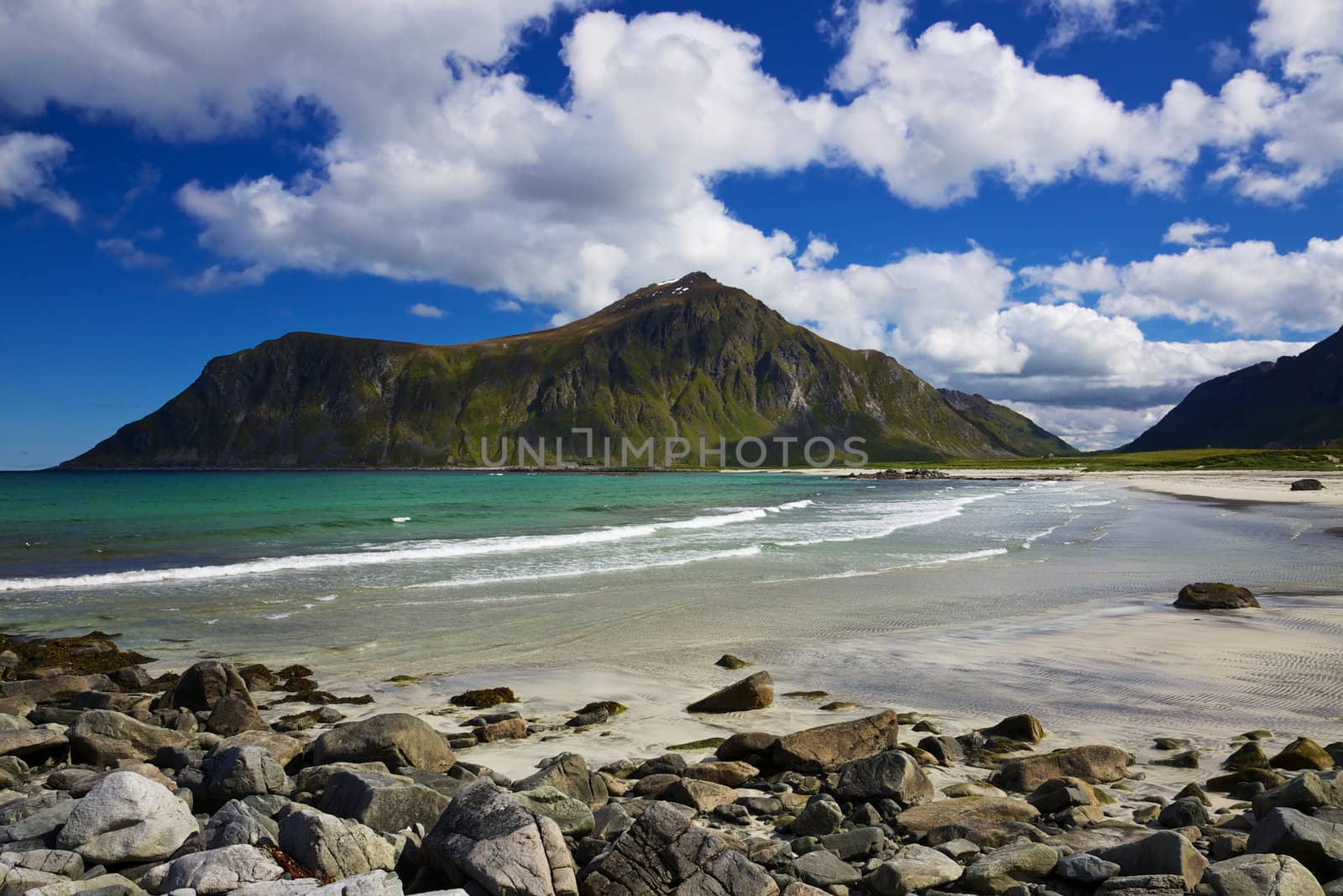 Peaceful empty beach on Lofoten islands in arctic Norway