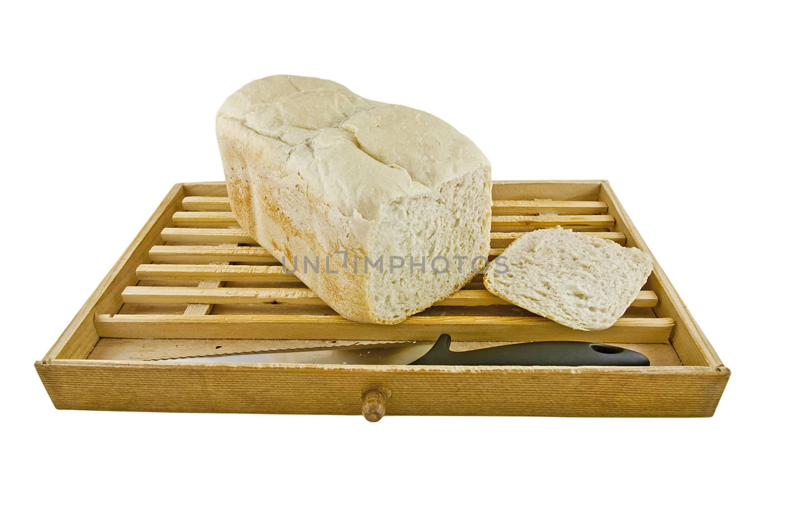 Homemade white bread with crumb catcher isolated on white