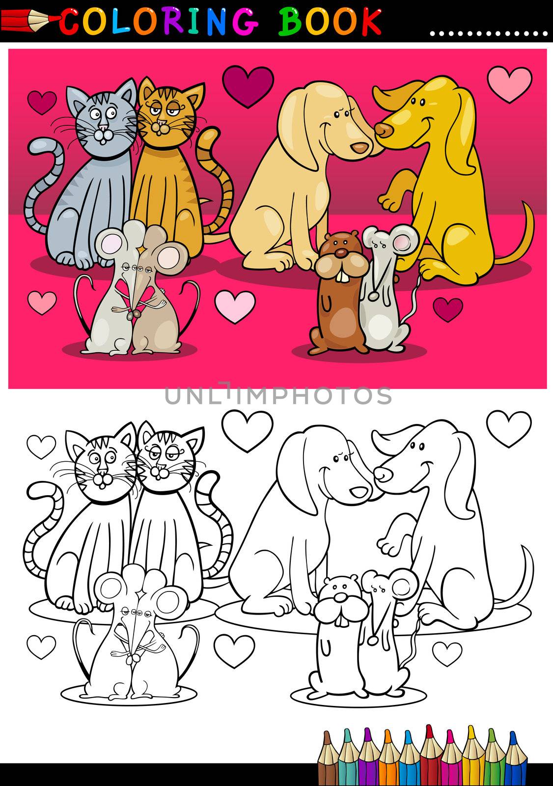 Animals in love cartoon for coloring book by izakowski