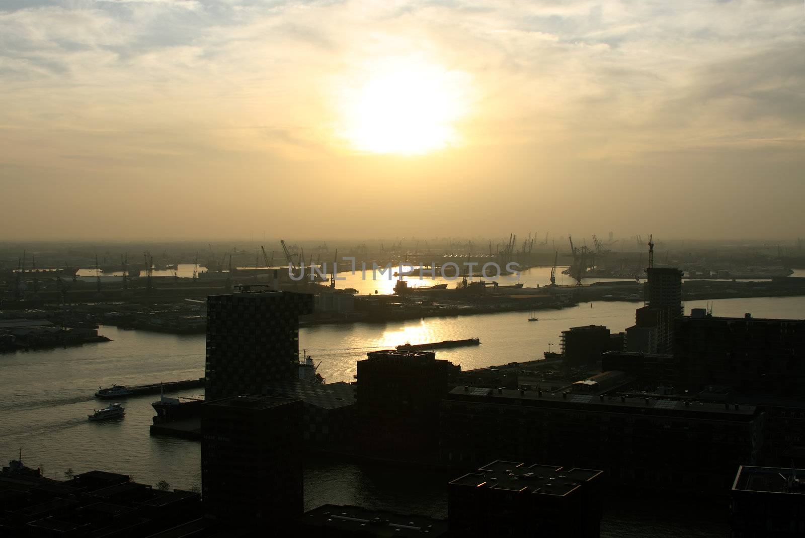 The harbor from Rotterdam at twilight in the Netherlands