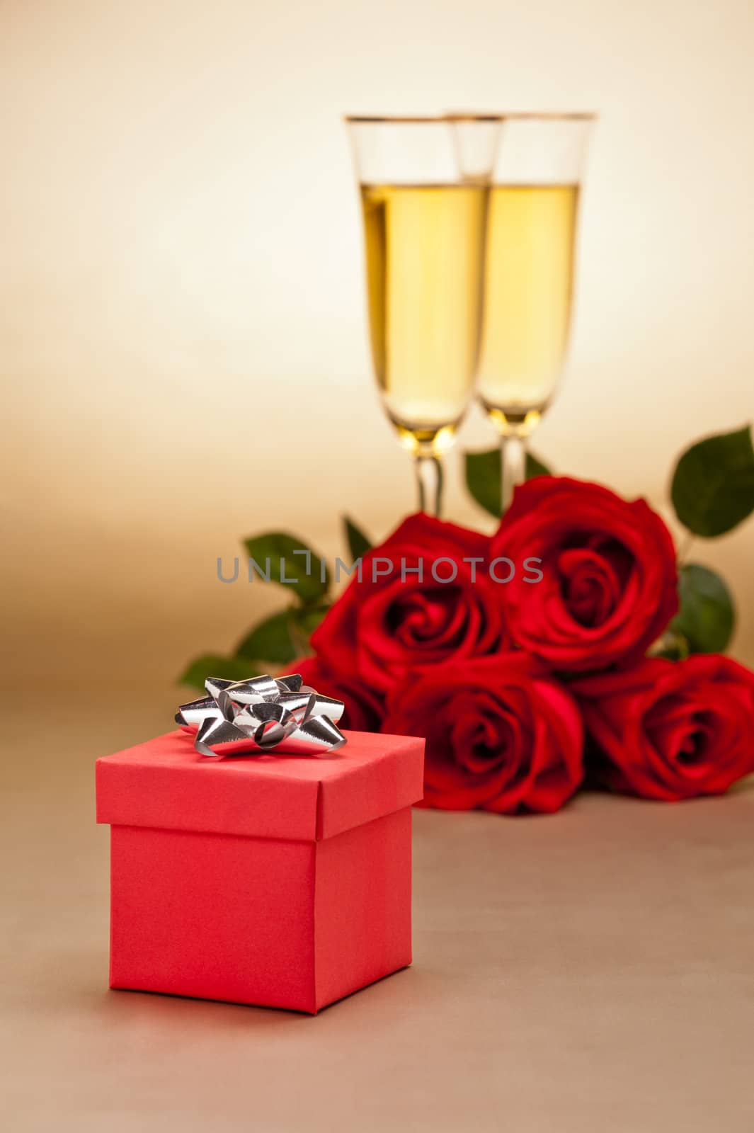 Champagne glasses, present and roses by 3523Studio
