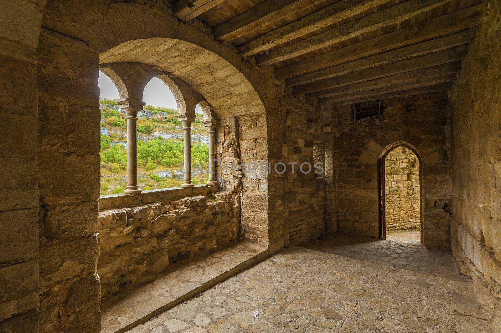 Interior window and door arches in medieval French castle