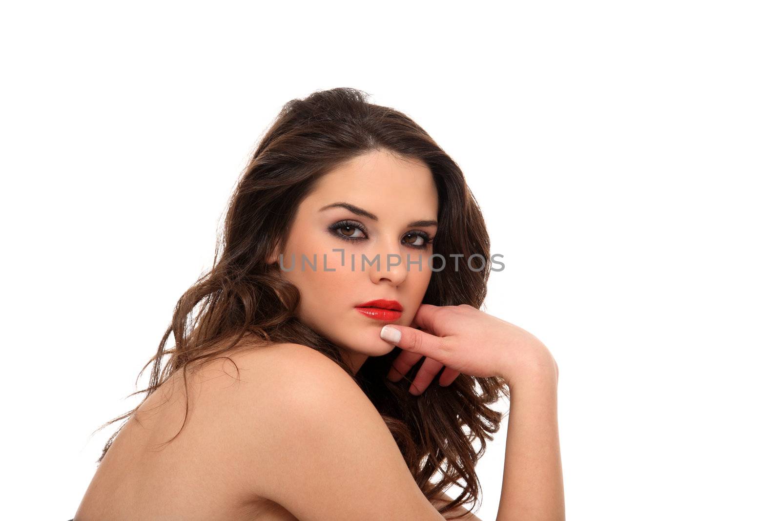 beautiful young girl on a black dress isolated on a white background