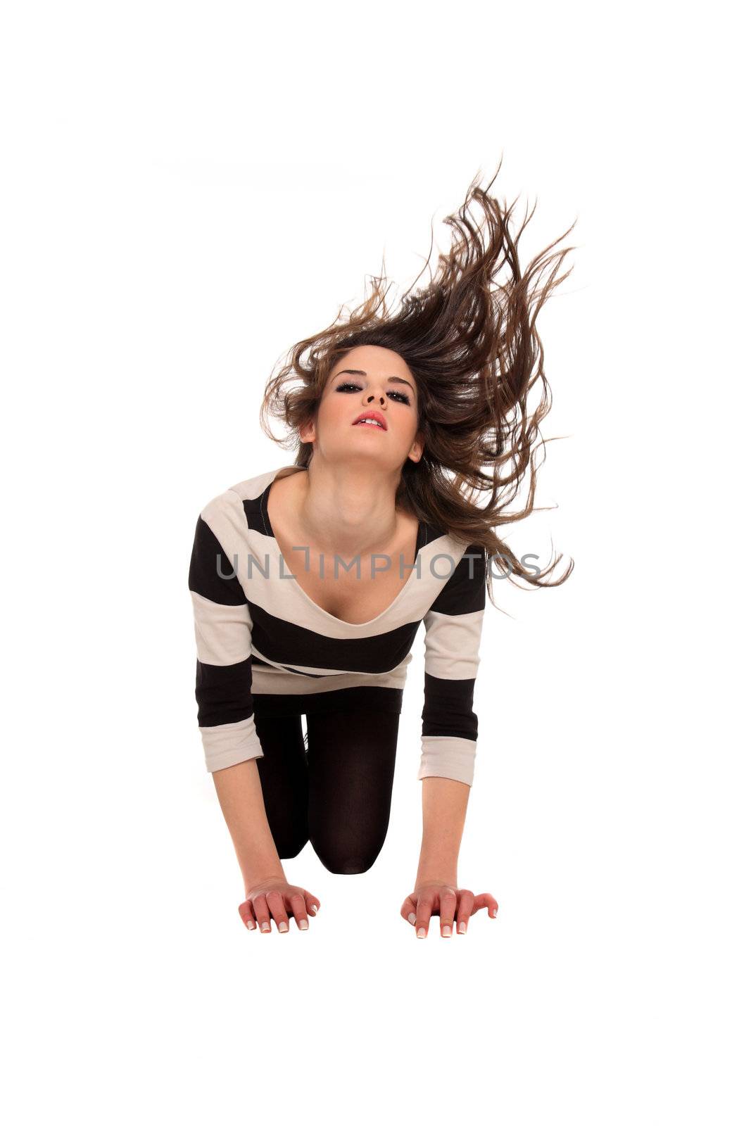 beautiful young girl on the floor isolated on a white background