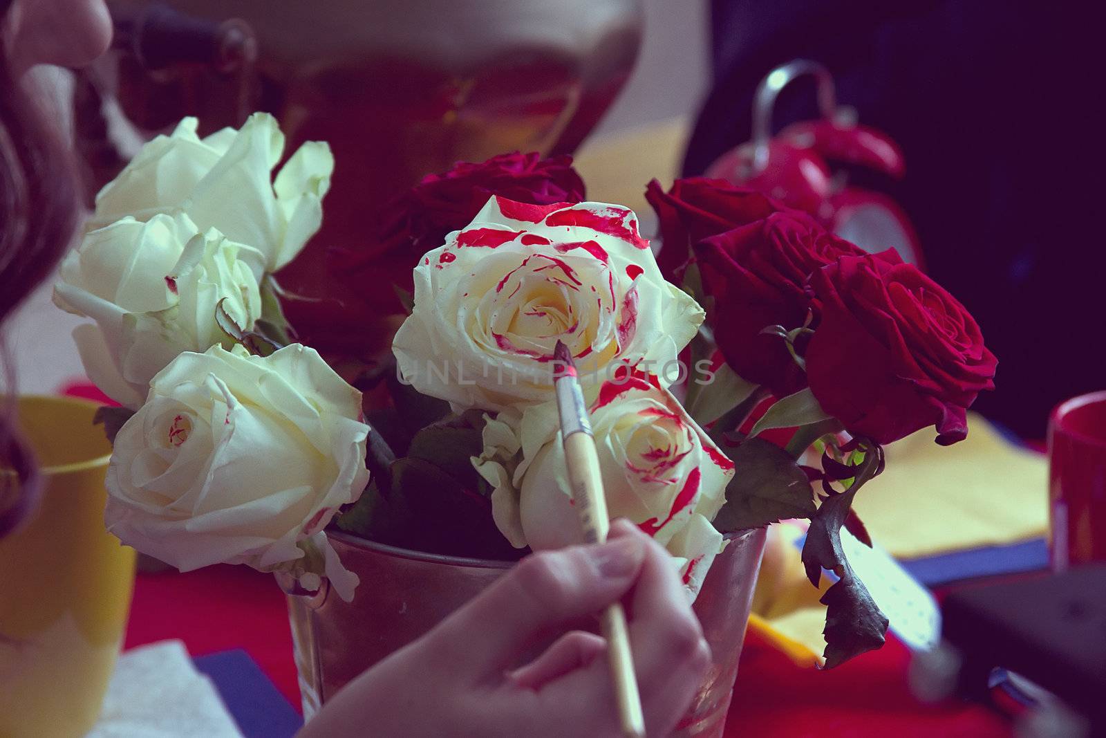 a Woman paint white roses red paint