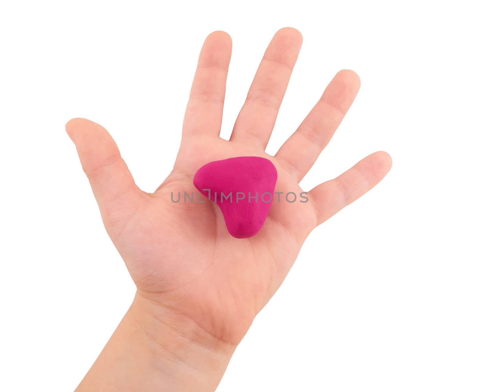 A small child's hand holding a heart-shaped figure on an isolated white background