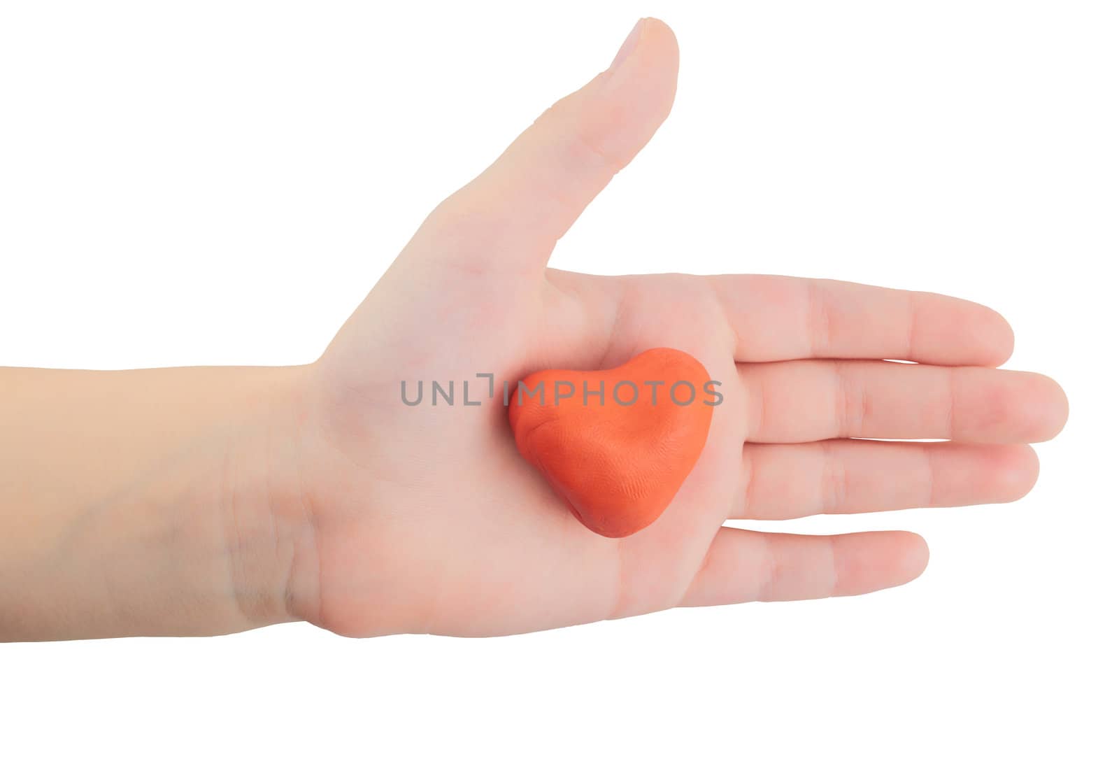 Children's hand with a figure in the form of heart isolated on white background