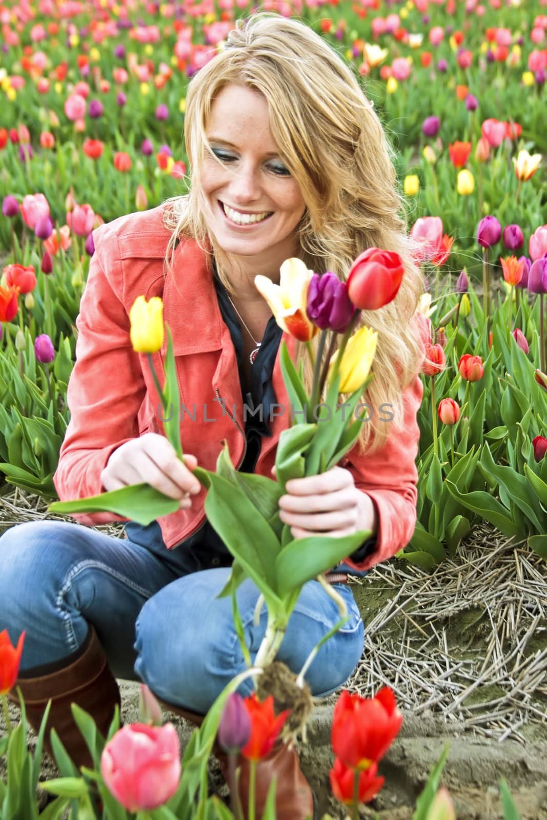 Beautiful young woman in the tulip fields in the Netherlands by devy