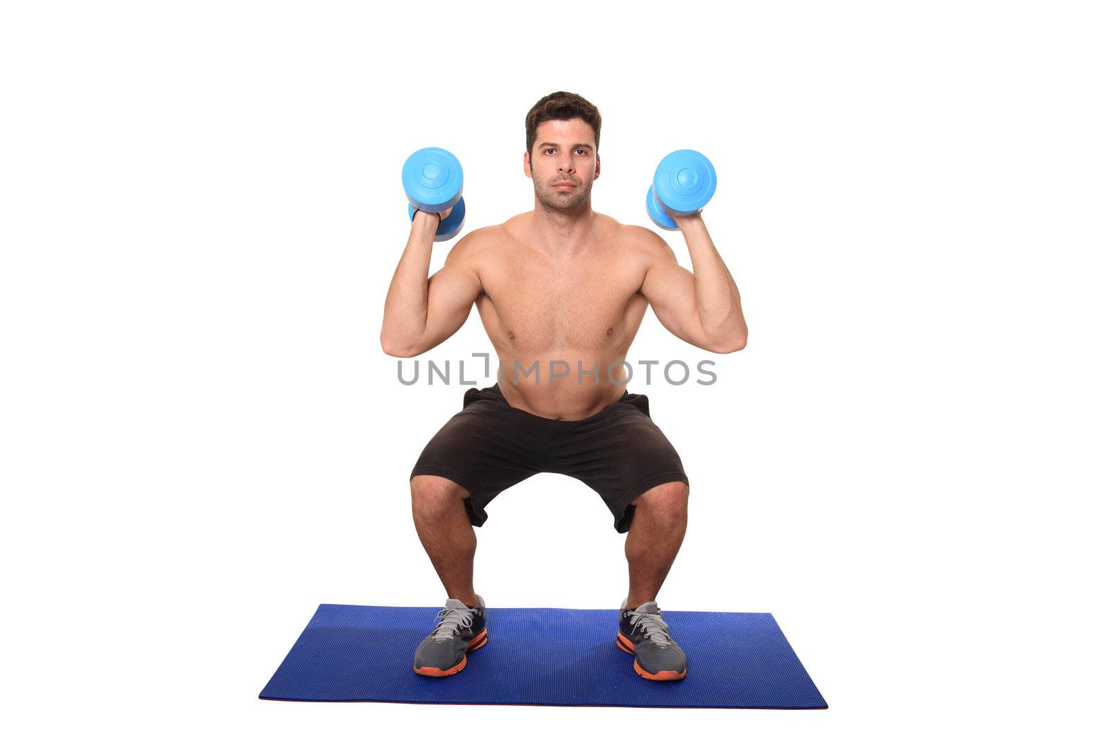 fitness instructor on a workout mat isolated on a white background