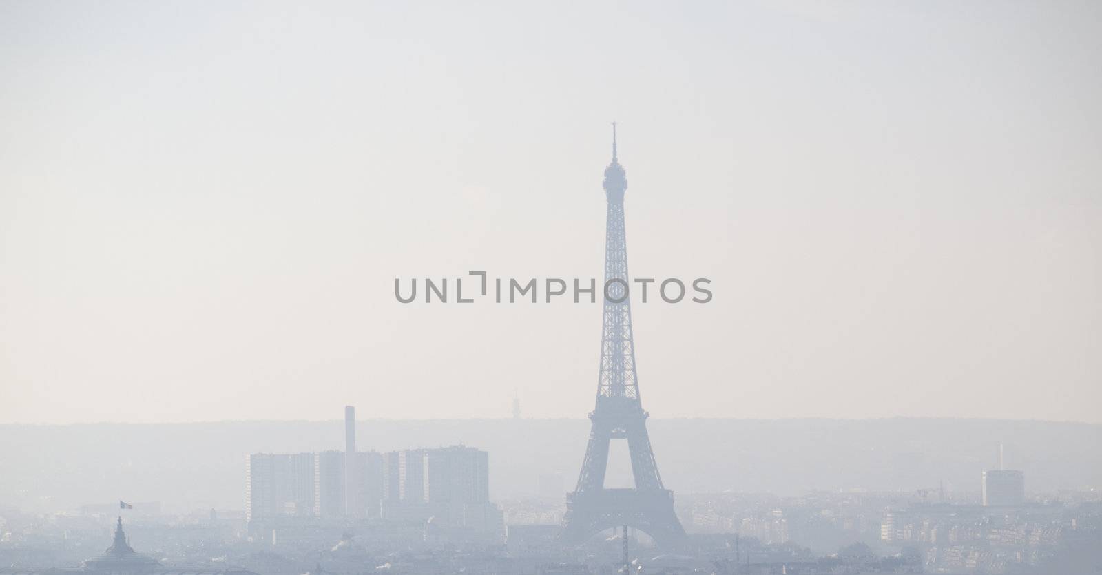 View of Paris with the Eiffel Tower in the mist