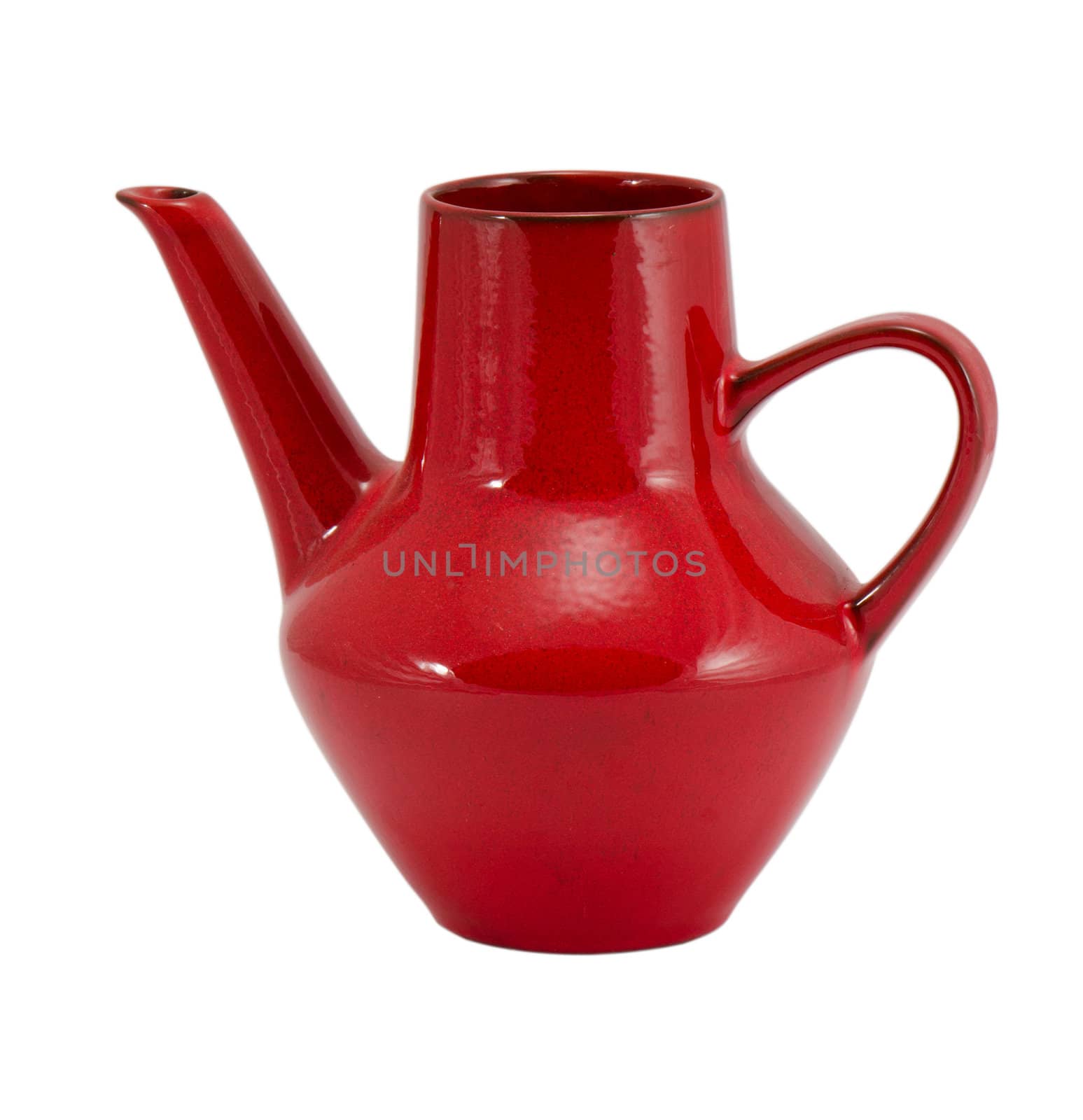 old retro ceramic clay red jug pitcher jar blackjack growler teapot with handle isolated on white background.