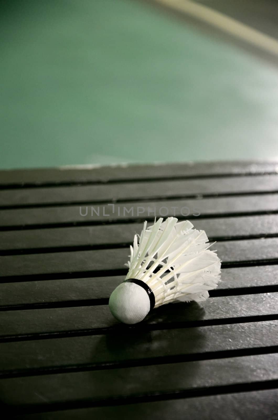 Shuttle cock on wooden table in the badminton court