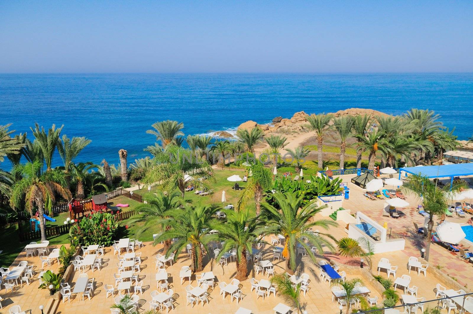 View of the Mediterranean resort. Cyprus. Sea shore overlooking the hotels.