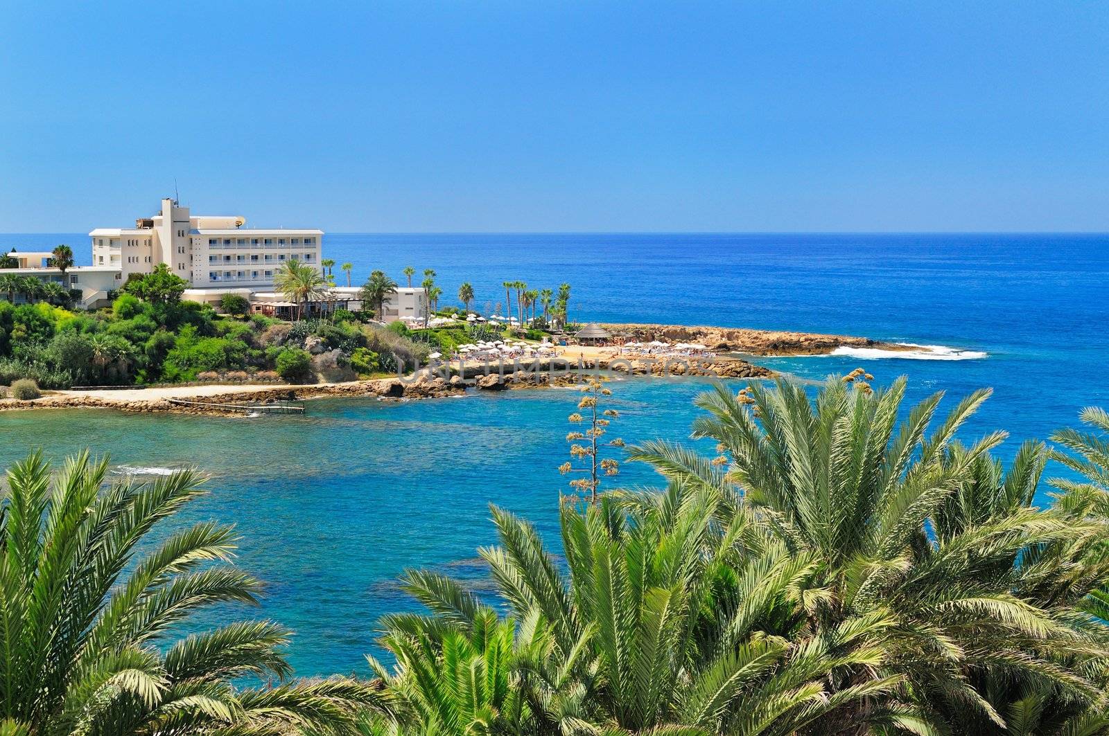 View of the Mediterranean resort. Cyprus. Sea shore overlooking the hotels.