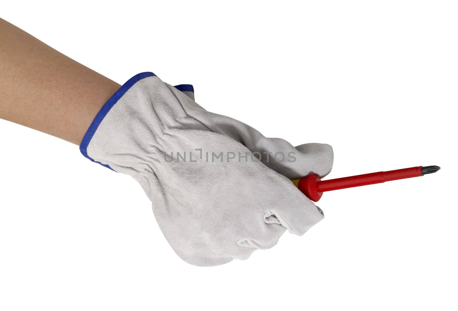 hand gloved with a light grey working glove holding a screwdriver.Studio shot in white back