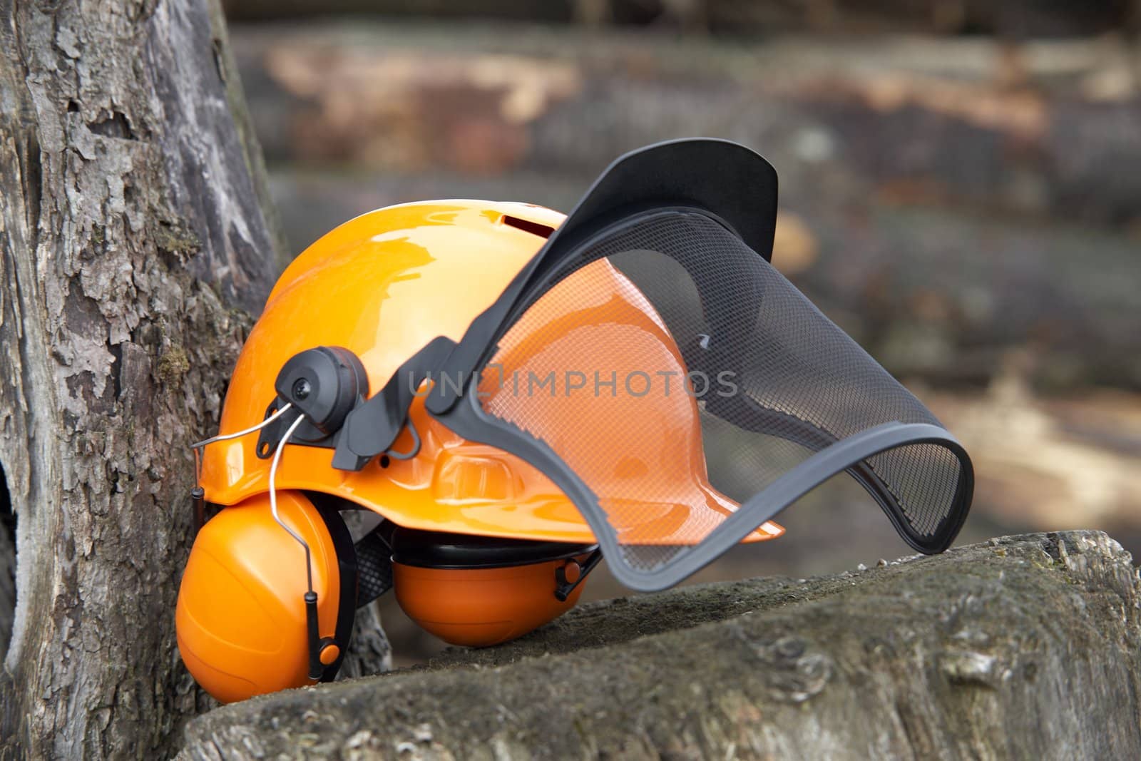 orange protective helmet with ear- and face- protection.  Outdoor shot in woody ambiance