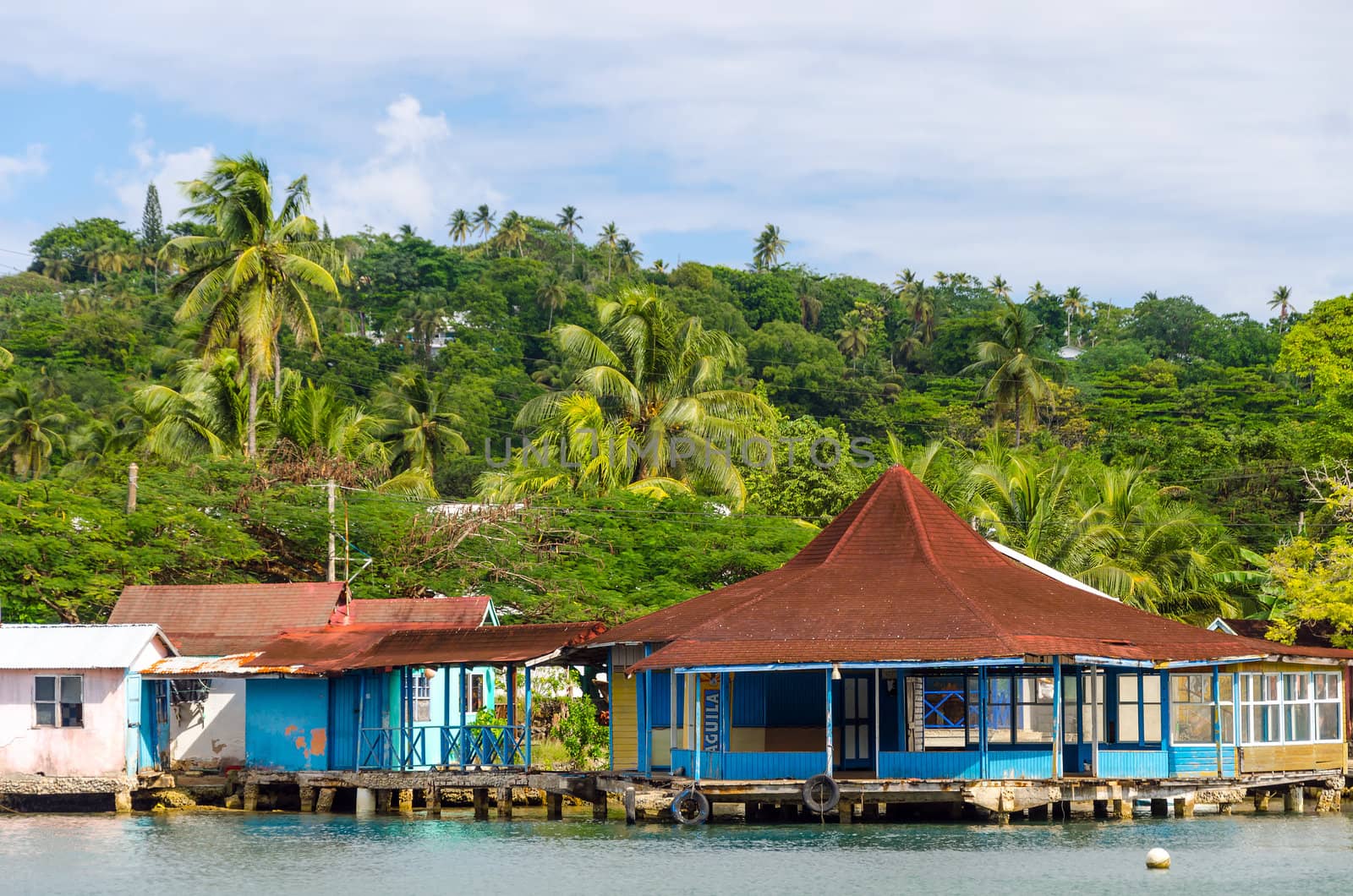 Old buildings on the water in San Andres, Colombia