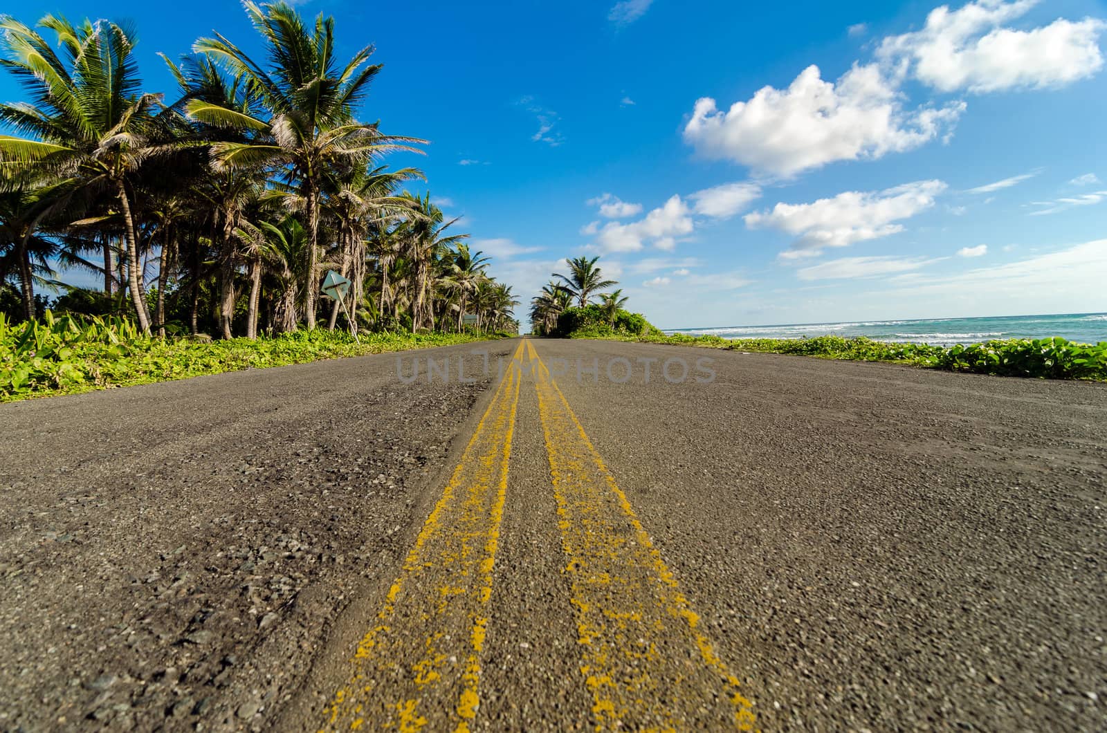 View of caribbean coastal road in San Andres, Colombia at a low angle