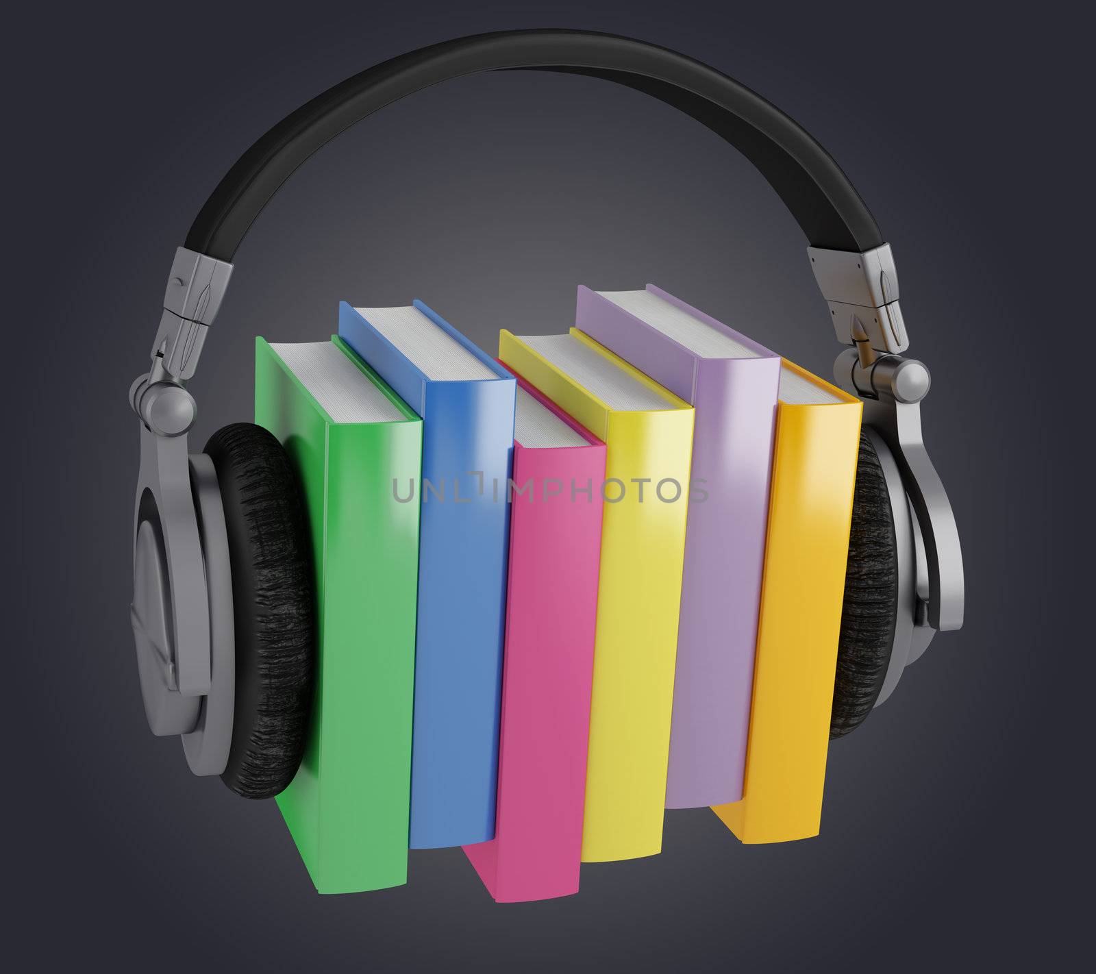 Headphones worn by the three colorful books