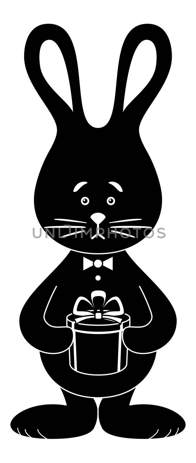 Holiday cartoon, toy rabbit with a gift box, black silhouette on white background.