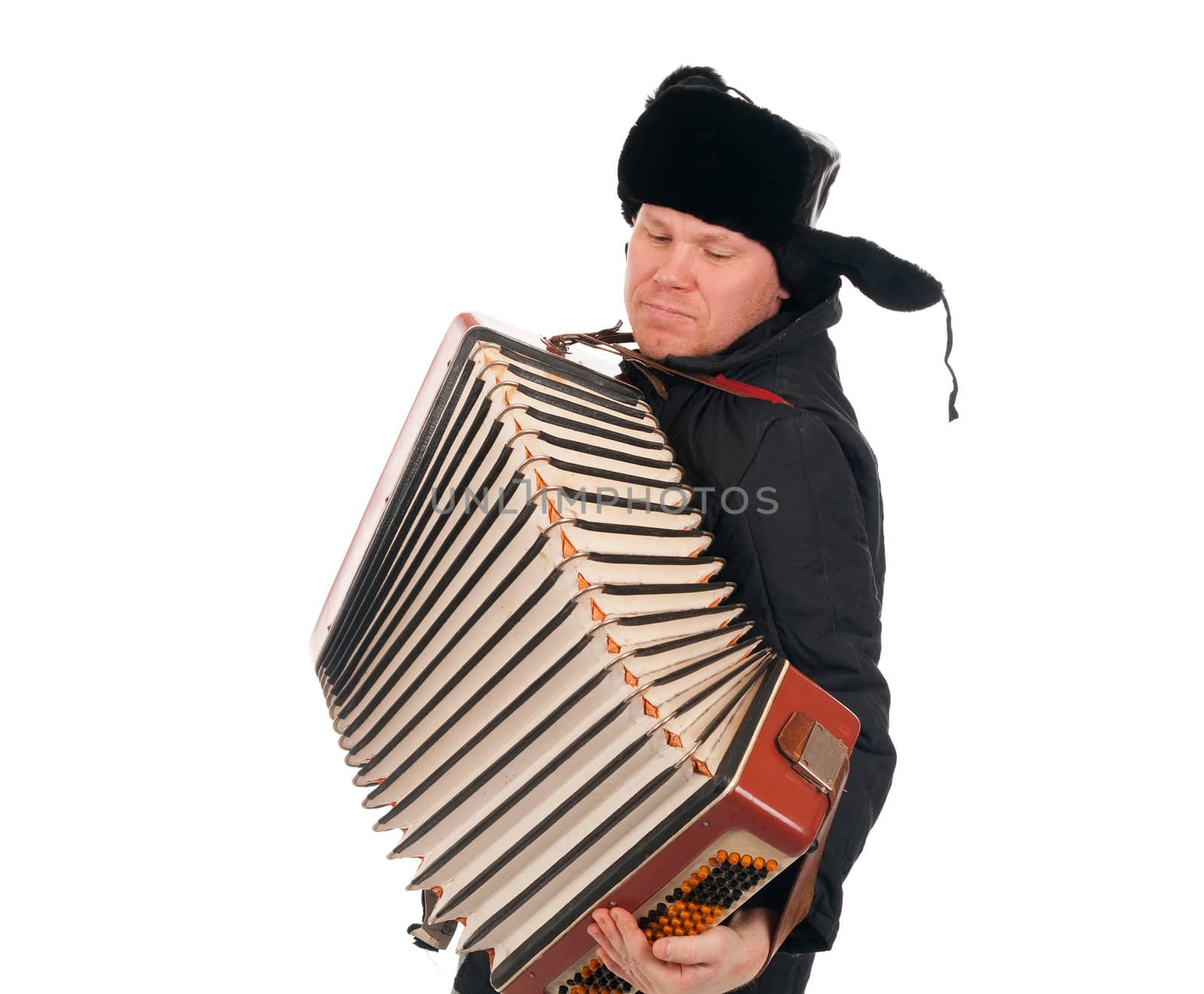 Russian man with accordion,red-neck.isolated on white background