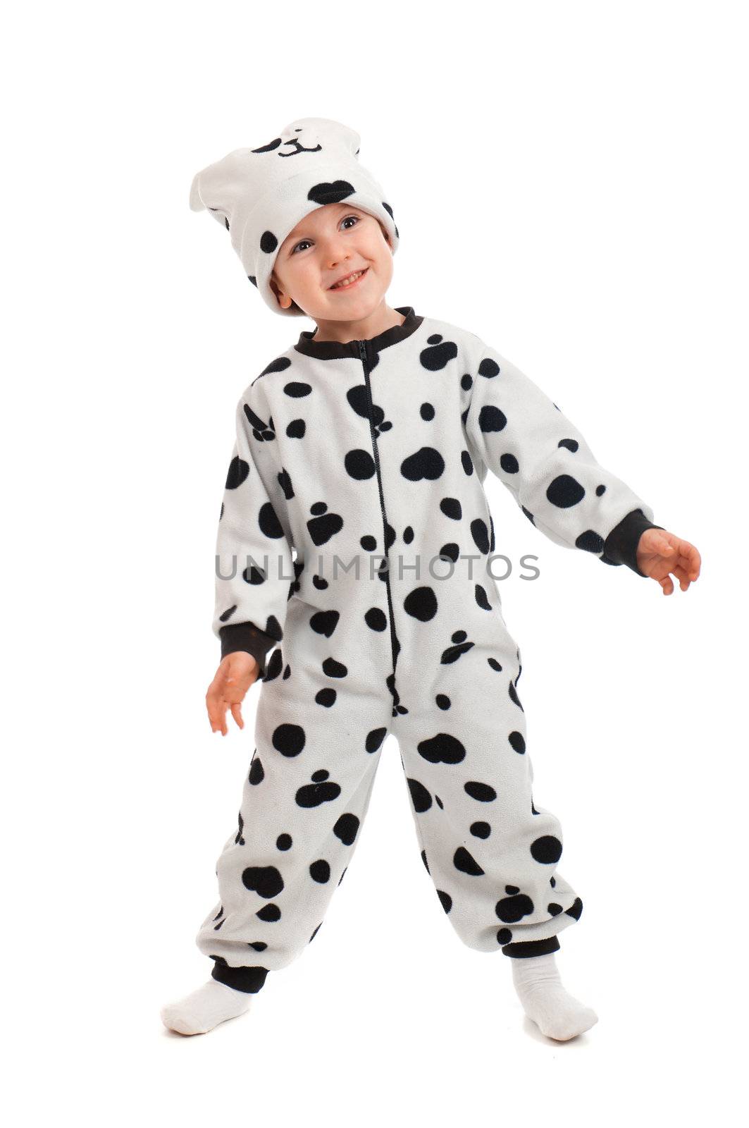 Little boy   dressed in a Dalmatian  suit.Plum Pudding Dog