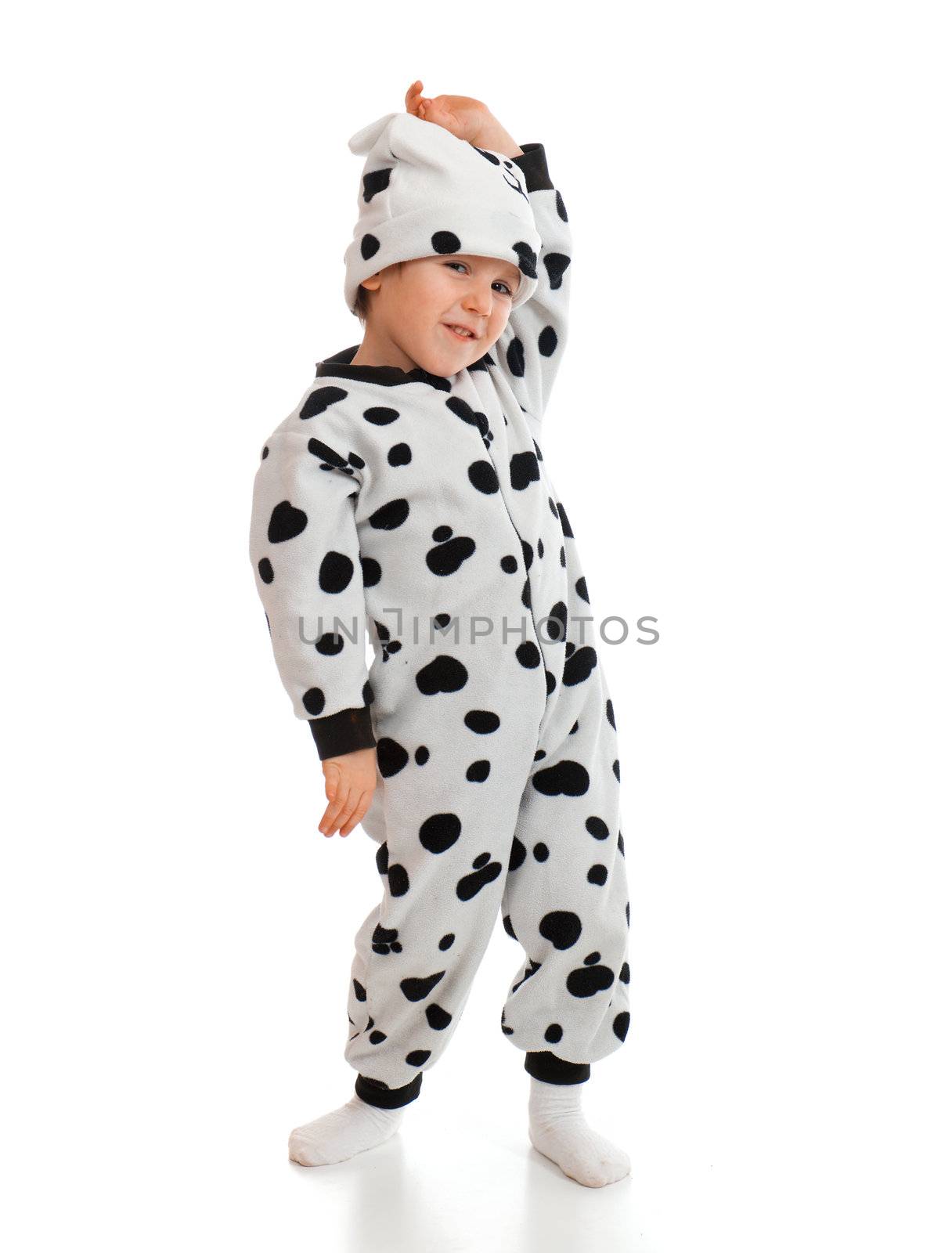 Little boy   dressed in a Dalmatian  suit.Plum Pudding Dog