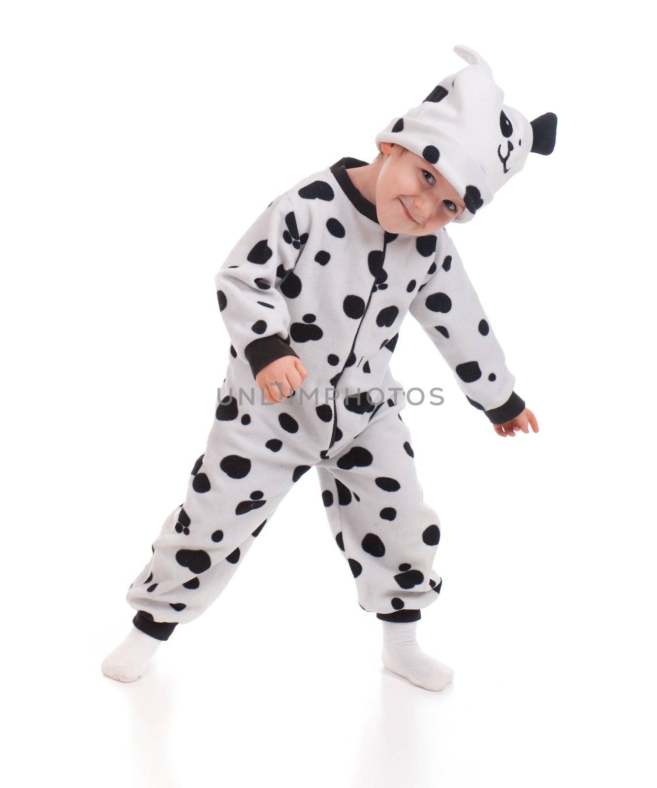 Little boy   dressed in a Dalmatian  suit.Plum Pudding Dog