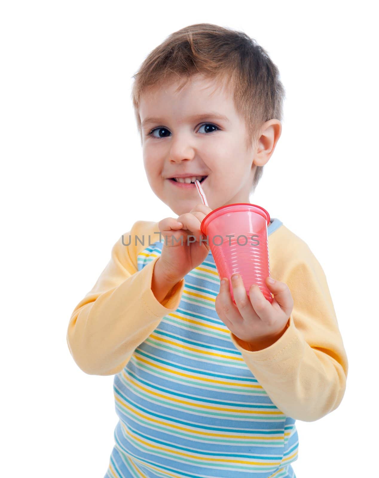 Boy drinking juice isolated on white 