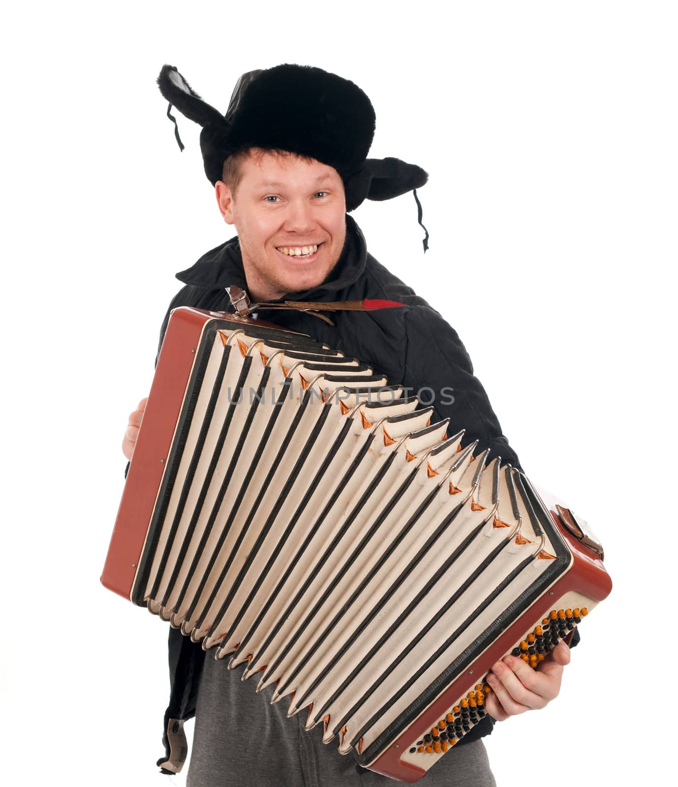 Russian man with accordion,red-neck.isolated on white background 