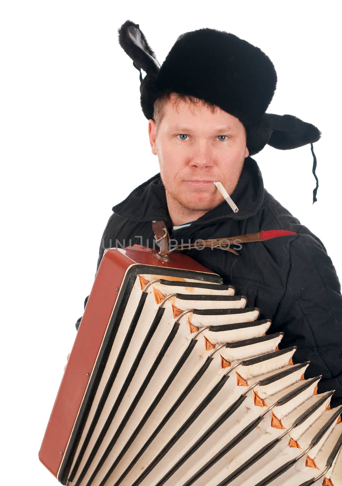 Russian man with accordion,red-neck.isolated on white background 