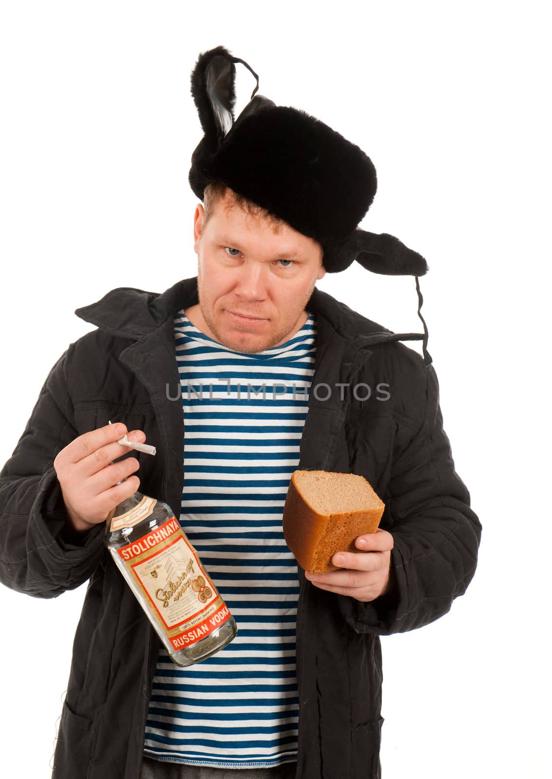 Russian Man in Fur Cap and Jacket with Vodka .isolated on white background