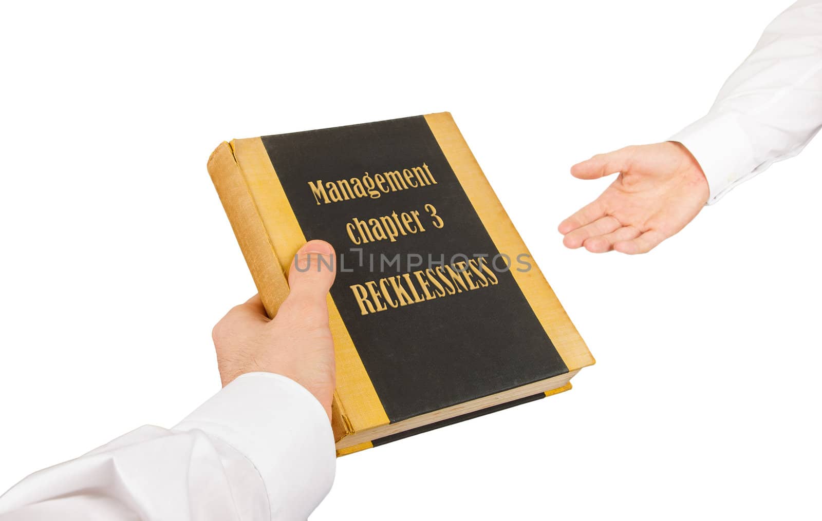 Businessman giving an used book to another businessman, management chapter 1 - indifference