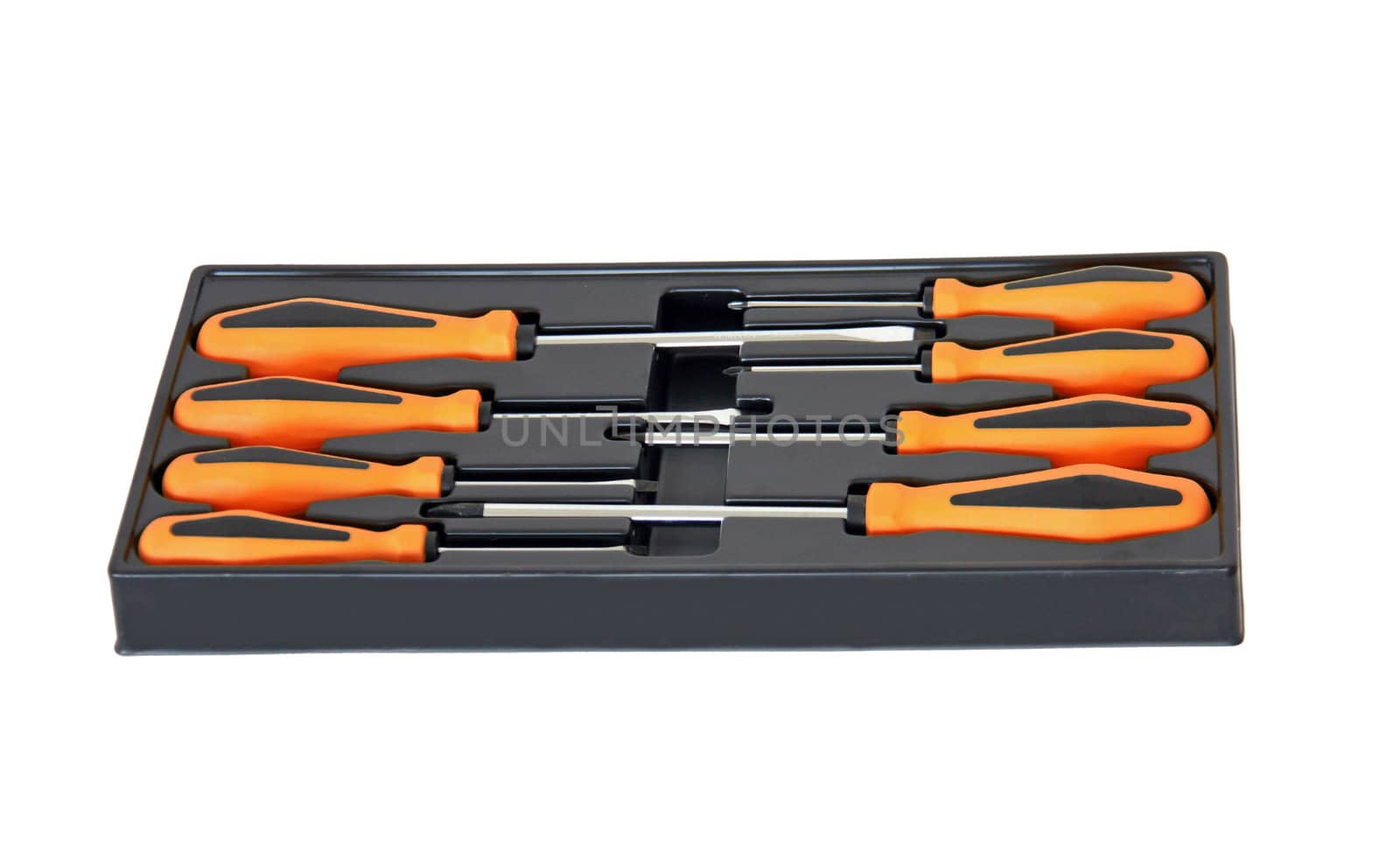 An orange and black eight-piece screw driver toolkit