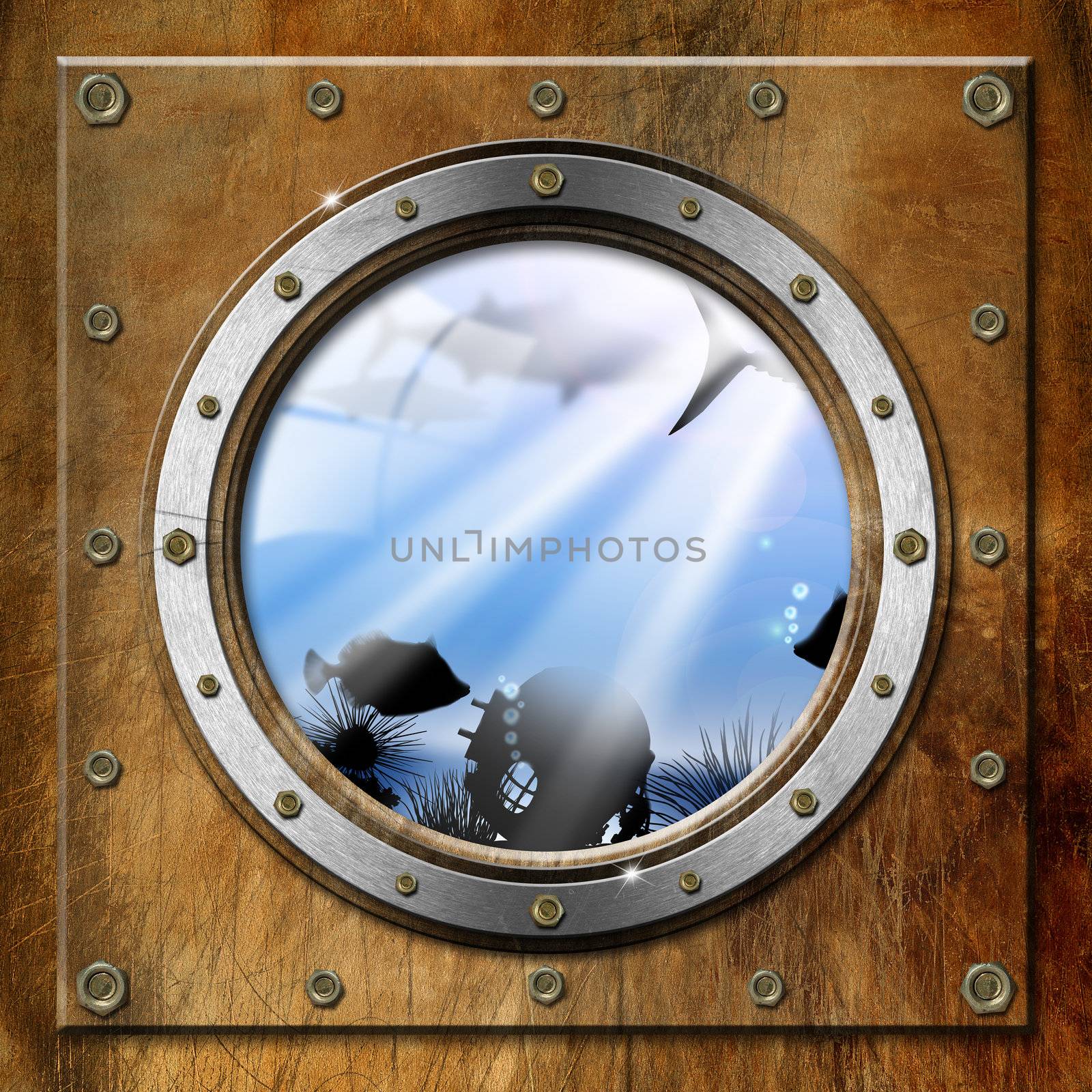 Brown and metallic porthole with bolts and blue sea abyss landscape
