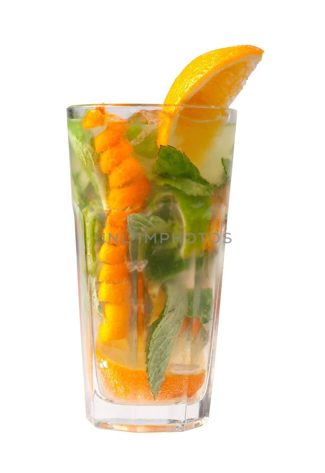 Mojito orange cocktail. closeup isolated on white background.