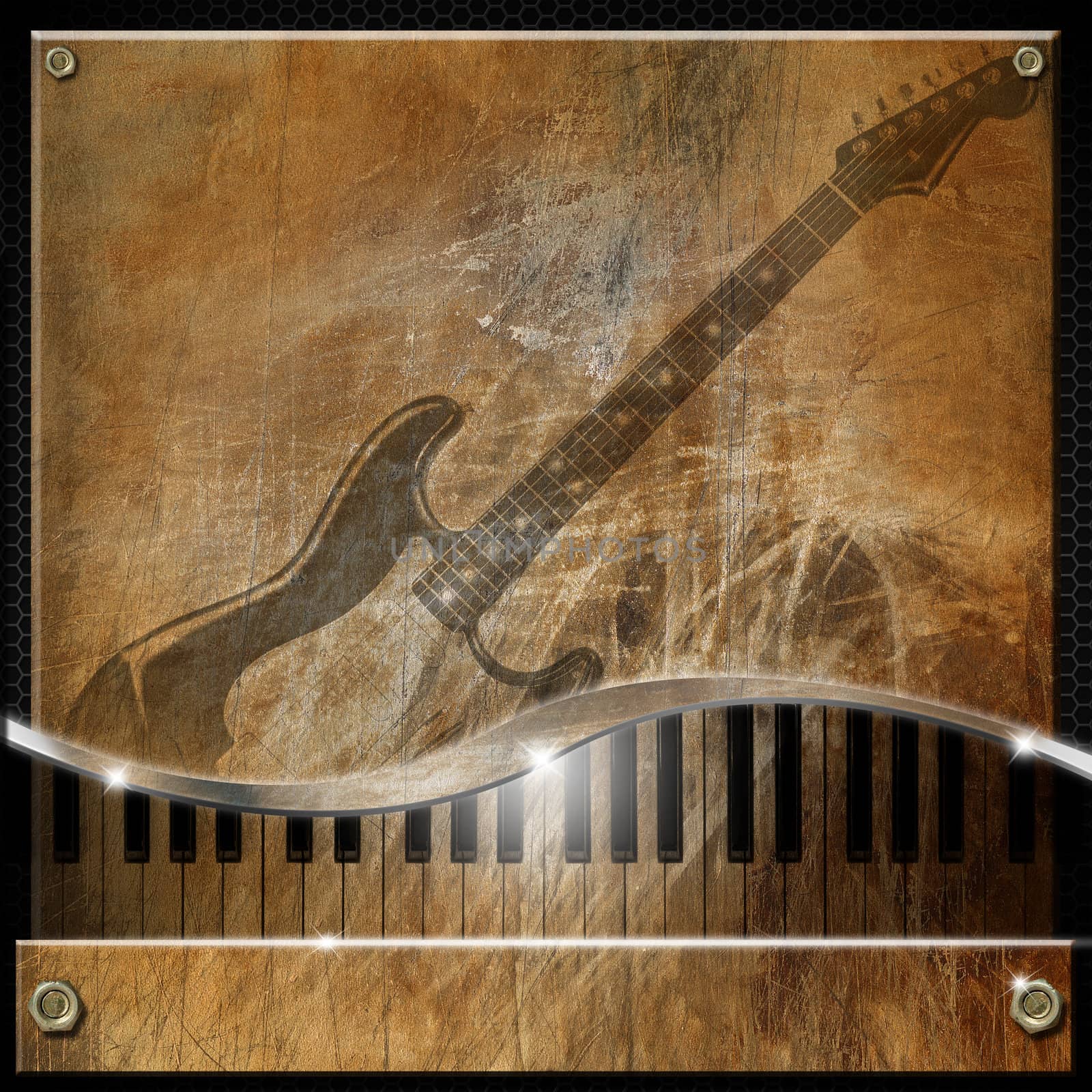 Grunge and brown musical background with piano and electric guitar
