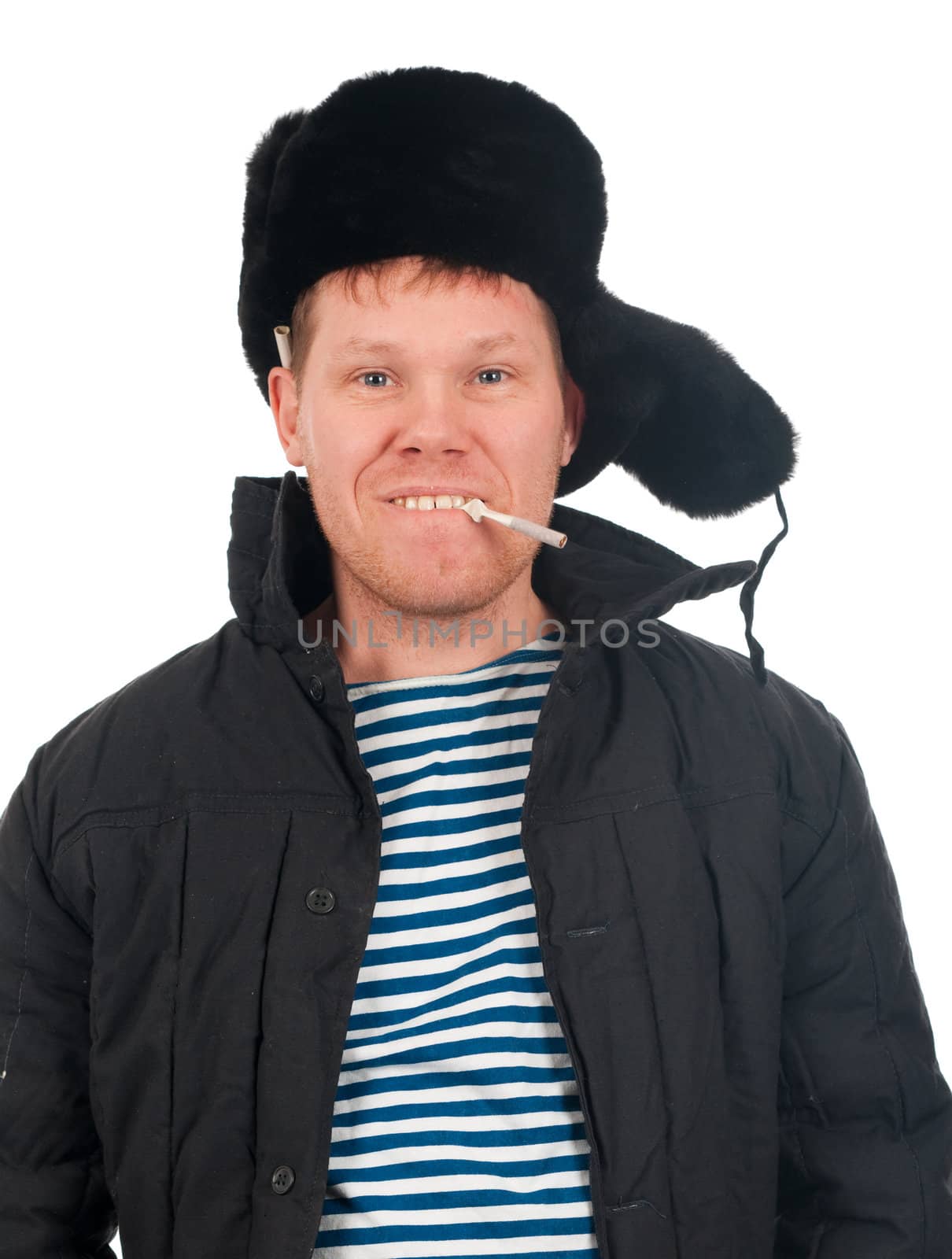 Russian man in winter fur cap  ,redneck.isolated on white background