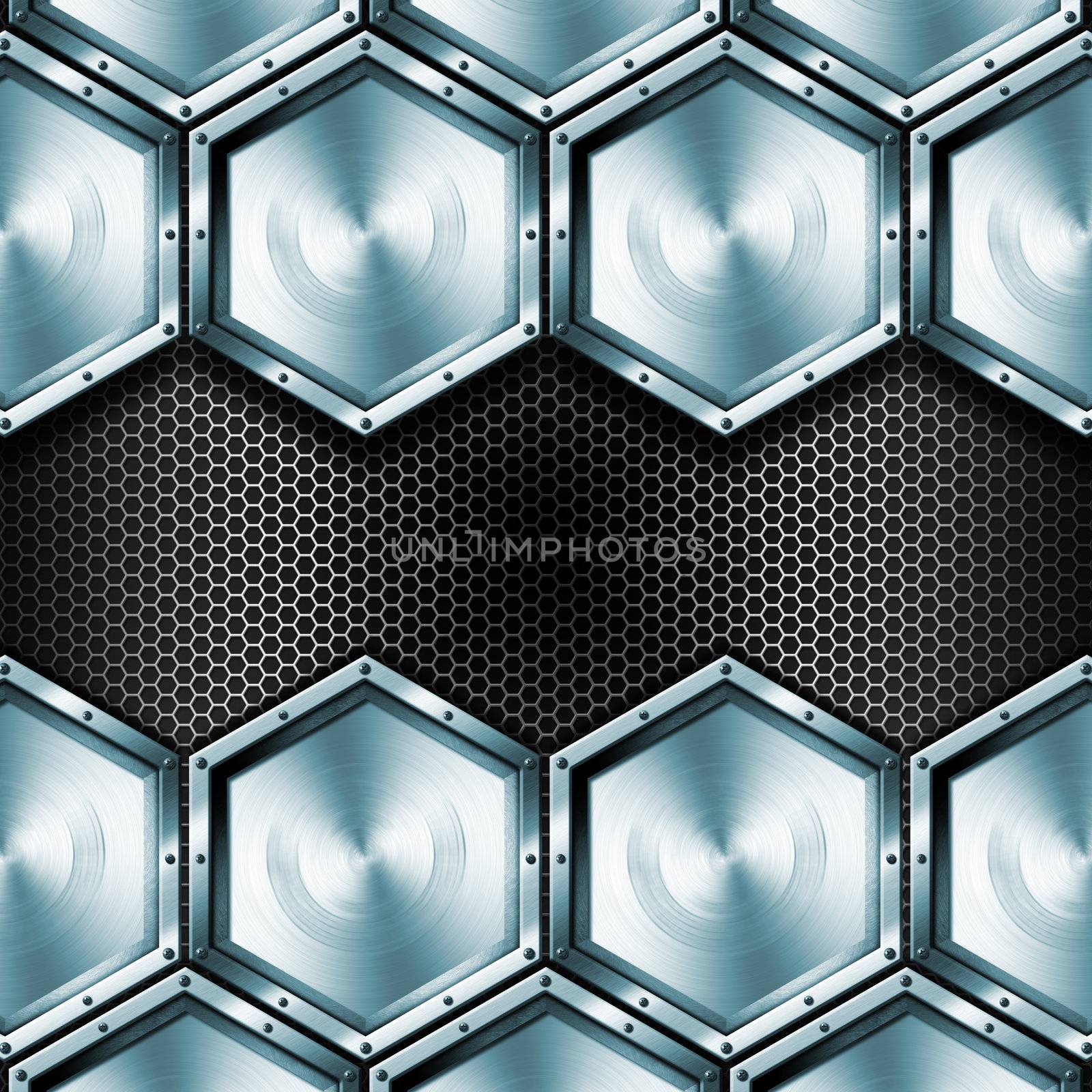 Blue and black background with metallic hexagons and screws