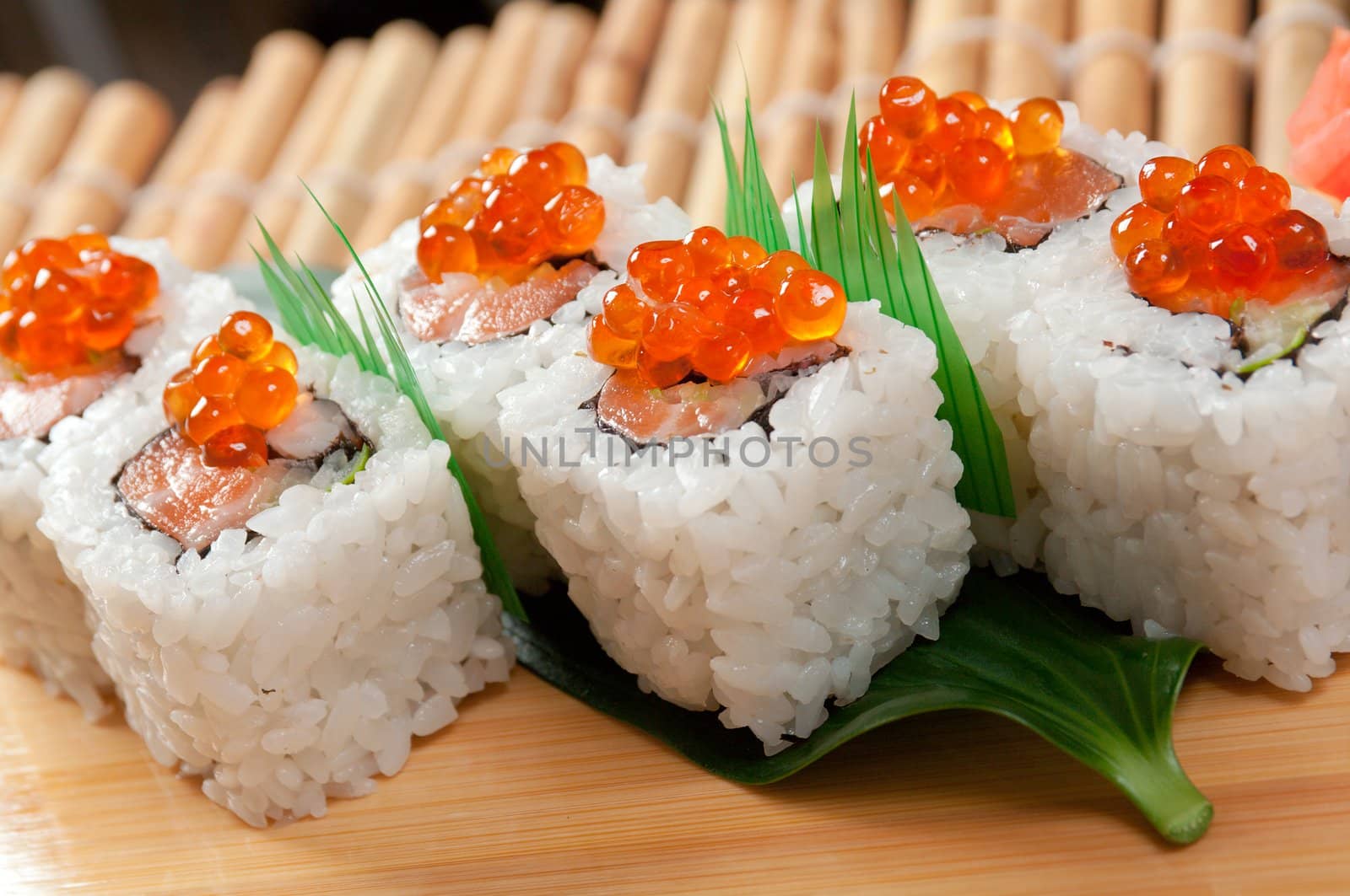 Japanese sushi  traditional japanese food.Roll made of Smoked fish and red roe