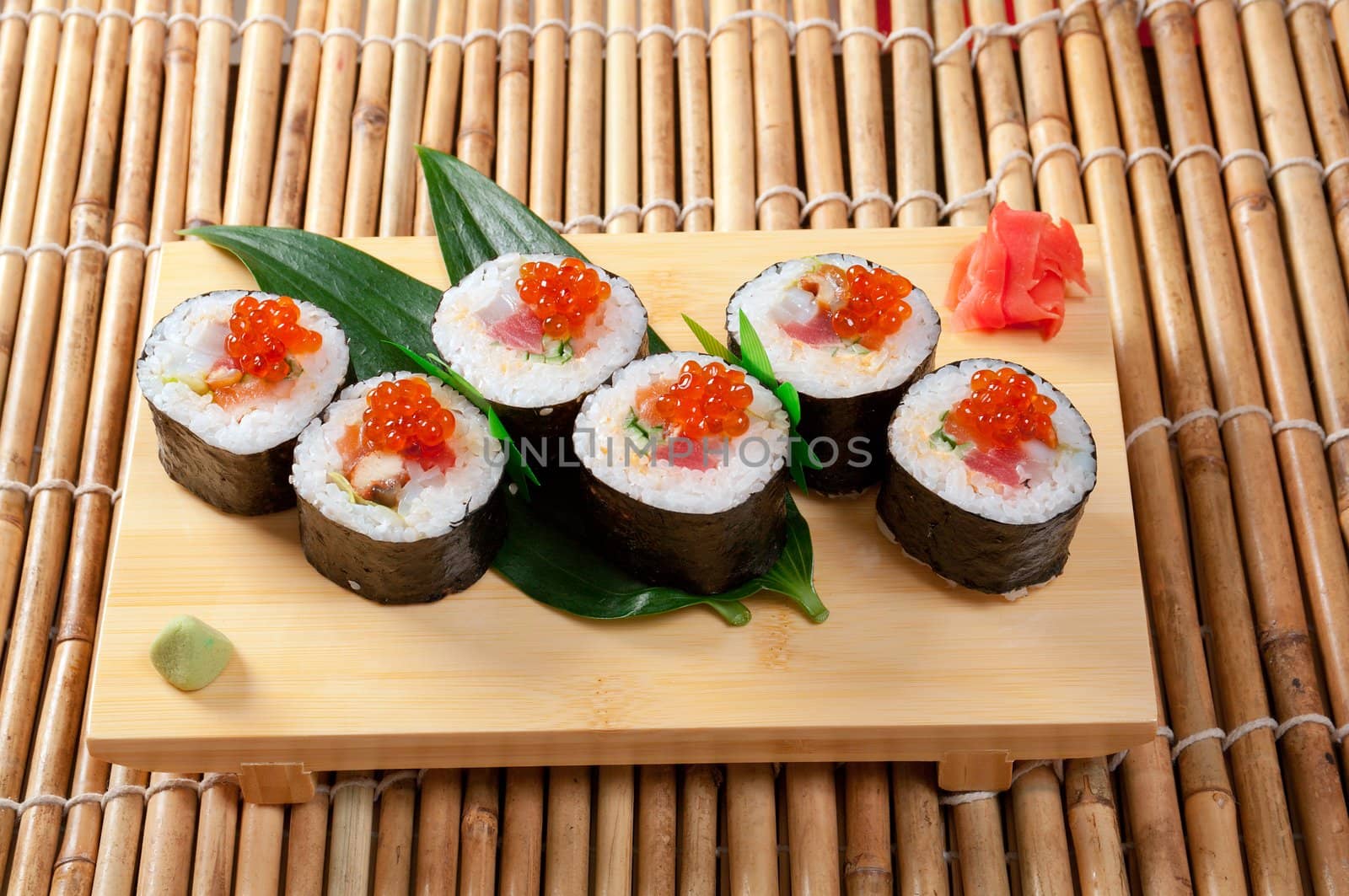 Japanese sushi  traditional japanese food.Roll made of Smoked fish and red roe