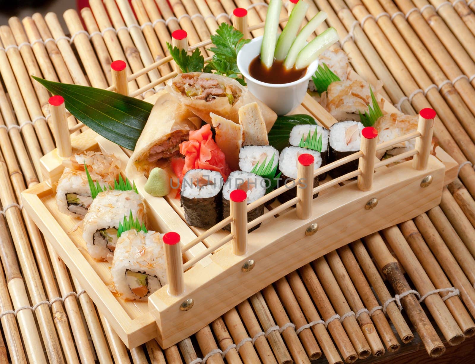 Assorted sushi Japanese food. traditional japanese food.Roll made of Smoked fish