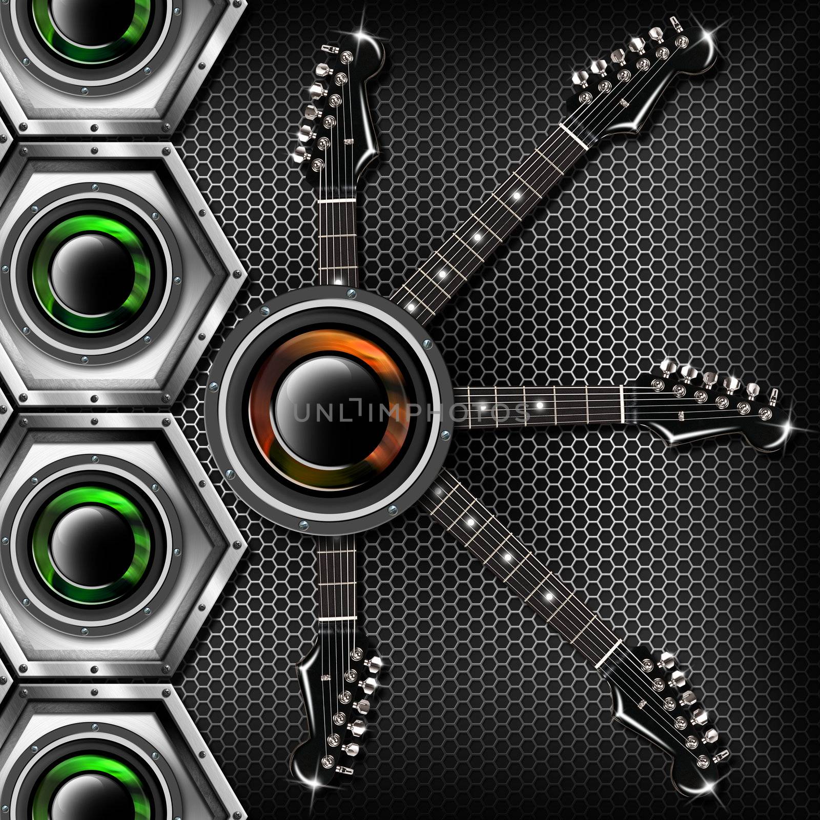 Music black background with metal hexagons, electric guitars and woofers